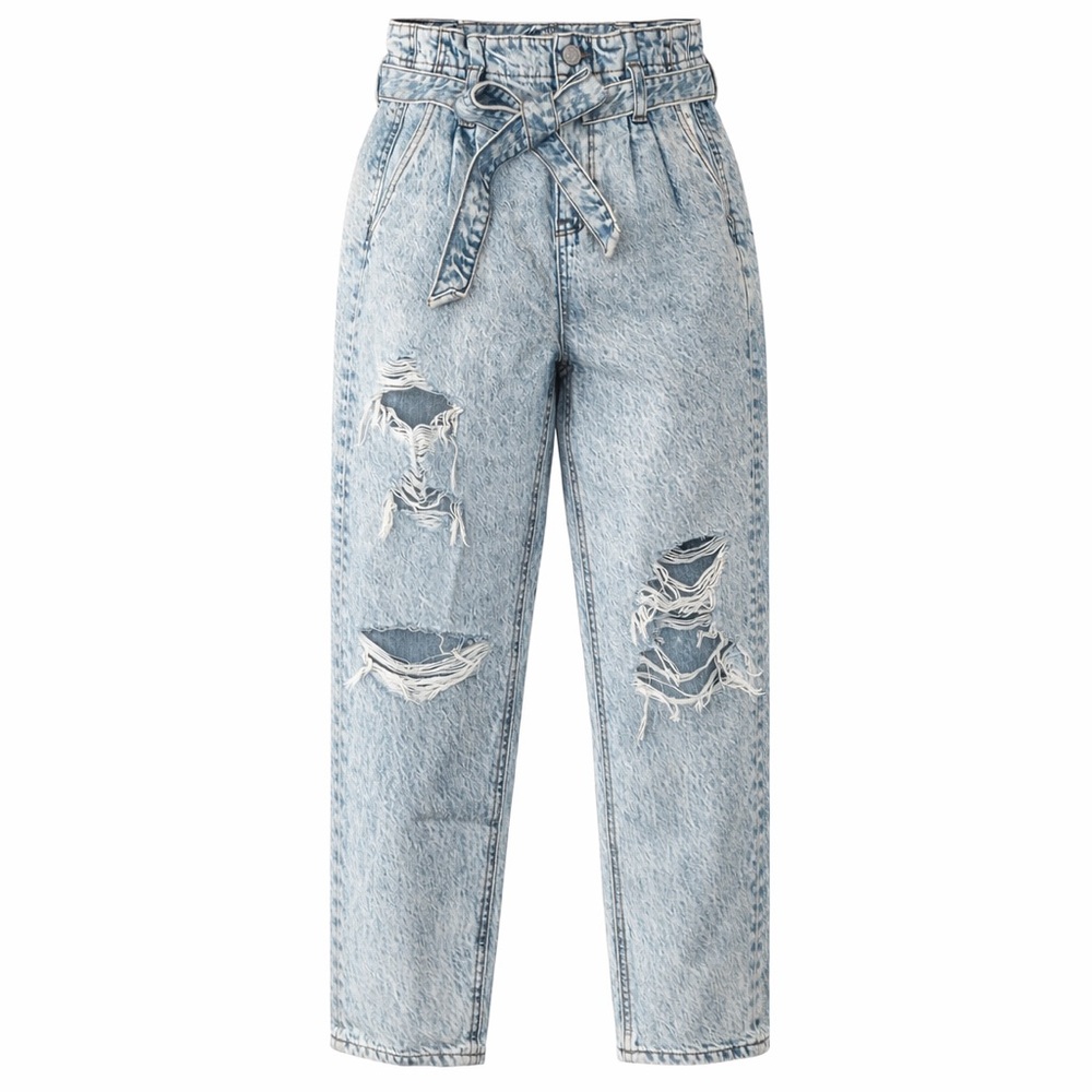 American Eagle Paperbag Tie Waist Ripped Mom Jeans Womens SZ 4S Backyard Grunge